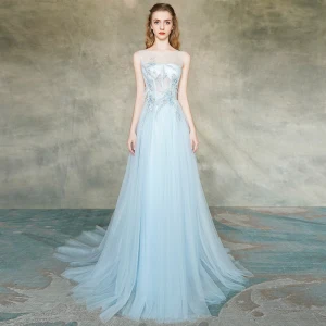 Elegant Sky Blue See Through Evening Dresses 2019 A Line Princess Scoop Neck Sleeveless Appliques Lace Feather Beading Pearl Sweep Train Ruffle Backless Formal Dresses