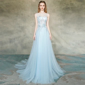 Elegant Sky Blue See Through Evening Dresses 2019 A Line Princess Scoop Neck Sleeveless Appliques Lace Feather Beading Pearl Sweep Train Ruffle Backless Formal Dresses
