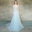 Élégant Bleu Ciel Transparentes Robe De Soirée 2019 Princesse Encolure Dégagée Sans Manches Appliques En Dentelle Plumes Perlage Perle Train De Balayage Volants Dos Nu Robe De Ceremonie
