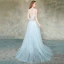 Élégant Bleu Ciel Transparentes Robe De Soirée 2019 Princesse Encolure Dégagée Sans Manches Appliques En Dentelle Plumes Perlage Perle Train De Balayage Volants Dos Nu Robe De Ceremonie