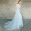 Élégant Bleu Ciel Transparentes Robe De Soirée 2019 Princesse Encolure Dégagée Sans Manches Appliques En Dentelle Plumes Perlage Perle Train De Balayage Volants Dos Nu Robe De Ceremonie