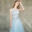 Élégant Bleu Ciel Transparentes Robe De Soirée 2019 Princesse Encolure Dégagée Sans Manches Appliques En Dentelle Plumes Perlage Perle Train De Balayage Volants Dos Nu Robe De Ceremonie
