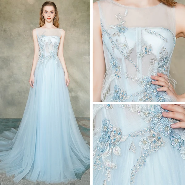 Élégant Bleu Ciel Transparentes Robe De Soirée 2019 Princesse Encolure Dégagée Sans Manches Appliques En Dentelle Plumes Perlage Perle Train De Balayage Volants Dos Nu Robe De Ceremonie
