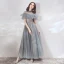 Vintage / Originale Élégant Gris Transparentes Robe De Soirée 2019 Princesse Col Haut Manches Courtes Appliques En Dentelle Perlage Longue Volants Dos Nu Robe De Ceremonie