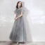 Vintage / Originale Élégant Gris Transparentes Robe De Soirée 2019 Princesse Col Haut Manches Courtes Appliques En Dentelle Perlage Longue Volants Dos Nu Robe De Ceremonie