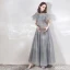Vintage / Originale Élégant Gris Transparentes Robe De Soirée 2019 Princesse Col Haut Manches Courtes Appliques En Dentelle Perlage Longue Volants Dos Nu Robe De Ceremonie