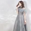 Vintage / Originale Élégant Gris Transparentes Robe De Soirée 2019 Princesse Col Haut Manches Courtes Appliques En Dentelle Perlage Longue Volants Dos Nu Robe De Ceremonie