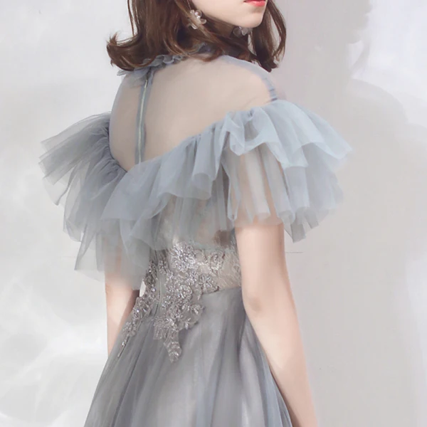 Vintage / Originale Élégant Gris Transparentes Robe De Soirée 2019 Princesse Col Haut Manches Courtes Appliques En Dentelle Perlage Longue Volants Dos Nu Robe De Ceremonie