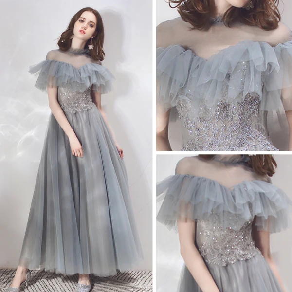 Vintage / Originale Élégant Gris Transparentes Robe De Soirée 2019 Princesse Col Haut Manches Courtes Appliques En Dentelle Perlage Longue Volants Dos Nu Robe De Ceremonie