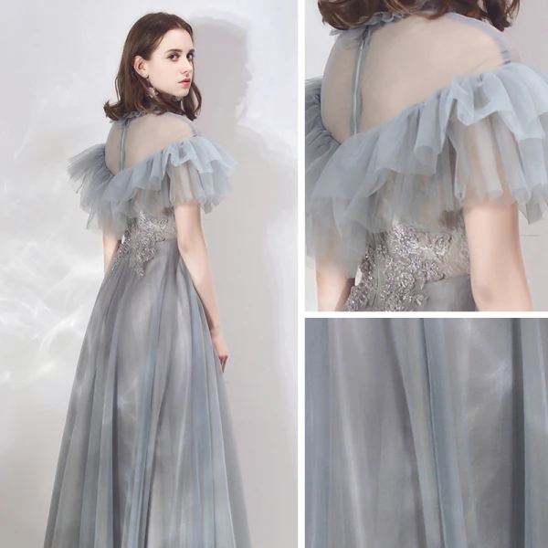 Vintage / Originale Élégant Gris Transparentes Robe De Soirée 2019 Princesse Col Haut Manches Courtes Appliques En Dentelle Perlage Longue Volants Dos Nu Robe De Ceremonie