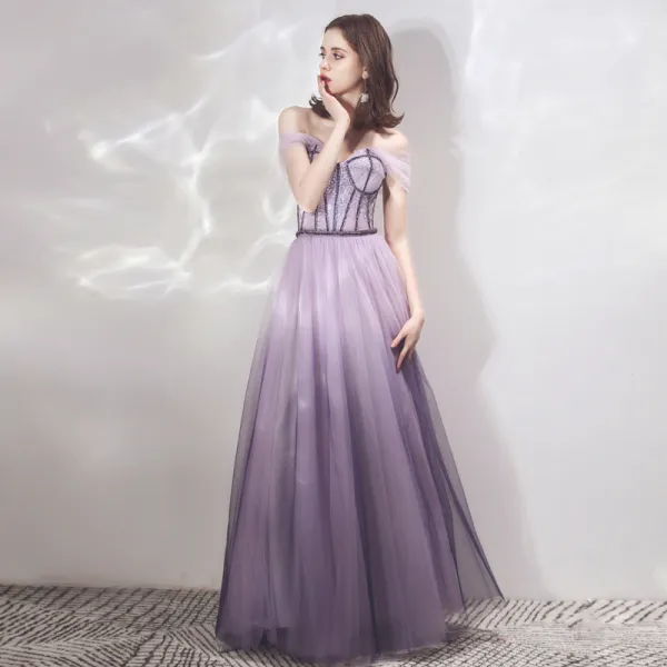 Chic / Beautiful Lavender Gradient-Color Purple Evening Dresses  2019 A-Line / Princess Off-The-Shoulder Short Sleeve Beading Floor-Length / Long Ruffle Backless Formal Dresses
