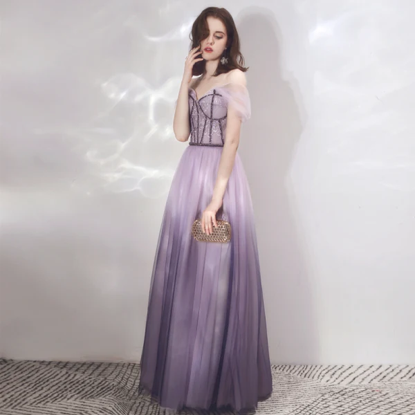 Schöne Lavendel Farbverlauf Violett Abendkleider 2019 A Linie Off Shoulder Kurze Ärmel Perlenstickerei Lange Rüschen Rückenfreies Festliche Kleider