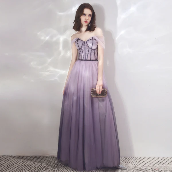 Schöne Lavendel Farbverlauf Violett Abendkleider 2019 A Linie Off Shoulder Kurze Ärmel Perlenstickerei Lange Rüschen Rückenfreies Festliche Kleider