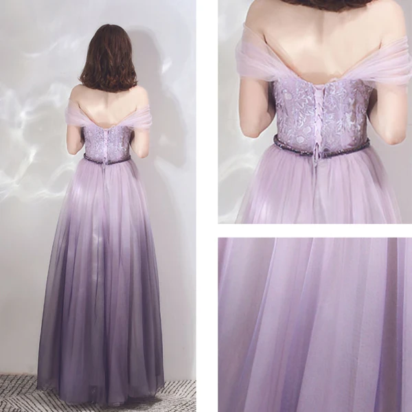 Schöne Lavendel Farbverlauf Violett Abendkleider 2019 A Linie Off Shoulder Kurze Ärmel Perlenstickerei Lange Rüschen Rückenfreies Festliche Kleider