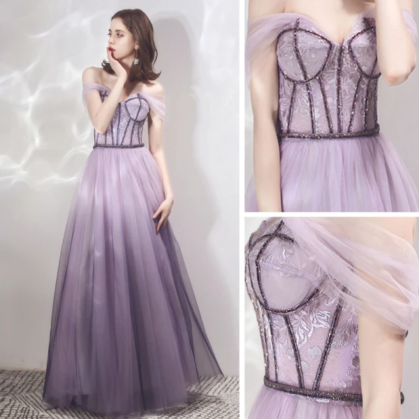 Schöne Lavendel Farbverlauf Violett Abendkleider 2019 A Linie Off Shoulder Kurze Ärmel Perlenstickerei Lange Rüschen Rückenfreies Festliche Kleider