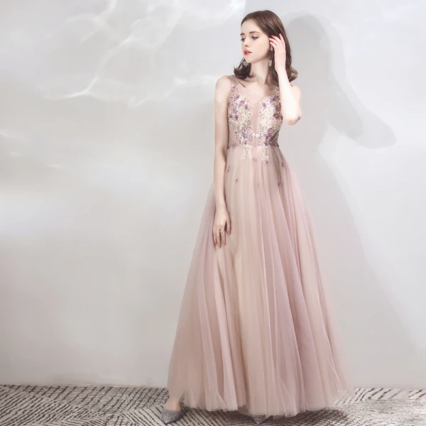 Chic / Beautiful Lilac Evening Dresses  2019 A-Line / Princess See-through Deep V-Neck Sleeveless Appliques Flower Beading Floor-Length / Long Ruffle Backless Formal Dresses
