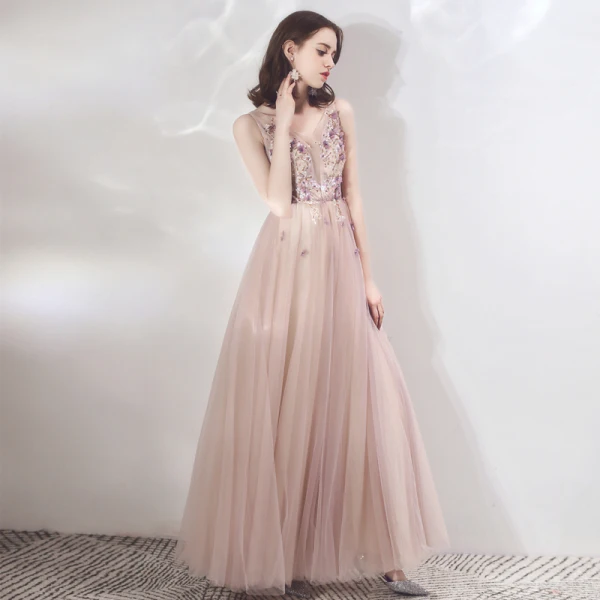 Chic / Beautiful Lilac Evening Dresses  2019 A-Line / Princess See-through Deep V-Neck Sleeveless Appliques Flower Beading Floor-Length / Long Ruffle Backless Formal Dresses