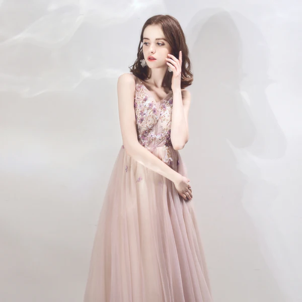 Chic / Beautiful Lilac Evening Dresses  2019 A-Line / Princess See-through Deep V-Neck Sleeveless Appliques Flower Beading Floor-Length / Long Ruffle Backless Formal Dresses