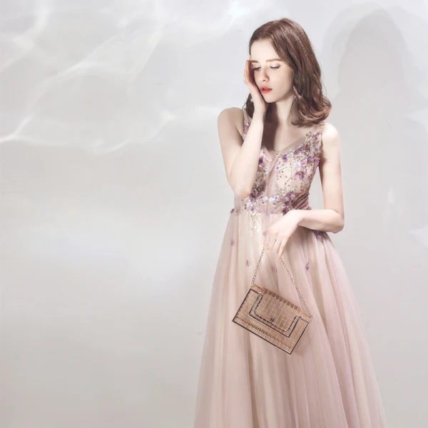 Chic / Beautiful Lilac Evening Dresses  2019 A-Line / Princess See-through Deep V-Neck Sleeveless Appliques Flower Beading Floor-Length / Long Ruffle Backless Formal Dresses