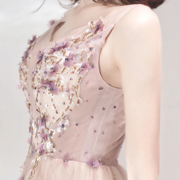 Chic / Beautiful Lilac Evening Dresses  2019 A-Line / Princess See-through Deep V-Neck Sleeveless Appliques Flower Beading Floor-Length / Long Ruffle Backless Formal Dresses