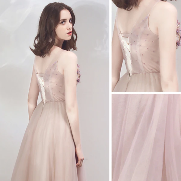 Chic / Beautiful Lilac Evening Dresses  2019 A-Line / Princess See-through Deep V-Neck Sleeveless Appliques Flower Beading Floor-Length / Long Ruffle Backless Formal Dresses