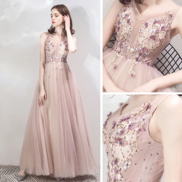 Chic / Beautiful Lilac Evening Dresses  2019 A-Line / Princess See-through Deep V-Neck Sleeveless Appliques Flower Beading Floor-Length / Long Ruffle Backless Formal Dresses