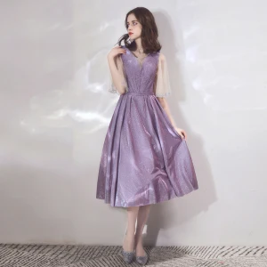 Bling Bling Lavande De Retour Robe De Graduation 2019 Princesse Encolure Dégagée Manches De Cloche Faux Diamant Glitter Polyester Thé Longueur Volants Dos Nu Robe De Ceremonie