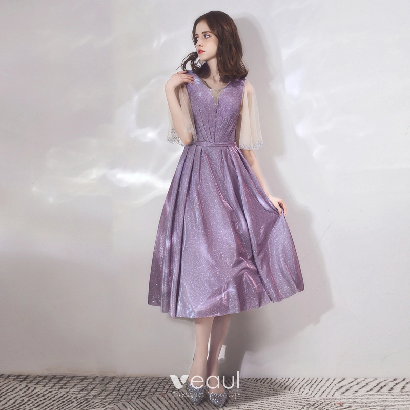 Bling Bling Lavender Homecoming Graduation Dresses 2019 A-Line / Princess Scoop Neck Bell sleeves Rhinestone Glitter Polyester Tea-length Ruffle