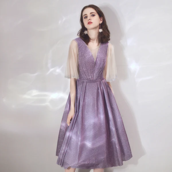 Bling Bling Lavande de retour Robe De Graduation 2019 Princesse Encolure Dégagée Manches de cloche Faux Diamant Glitter Polyester Thé Longueur Volants Dos Nu Robe De Ceremonie