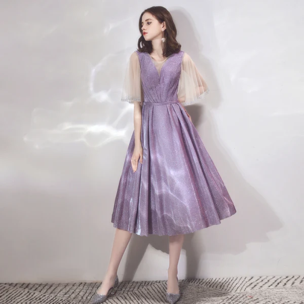 Bling Bling Lavande de retour Robe De Graduation 2019 Princesse Encolure Dégagée Manches de cloche Faux Diamant Glitter Polyester Thé Longueur Volants Dos Nu Robe De Ceremonie
