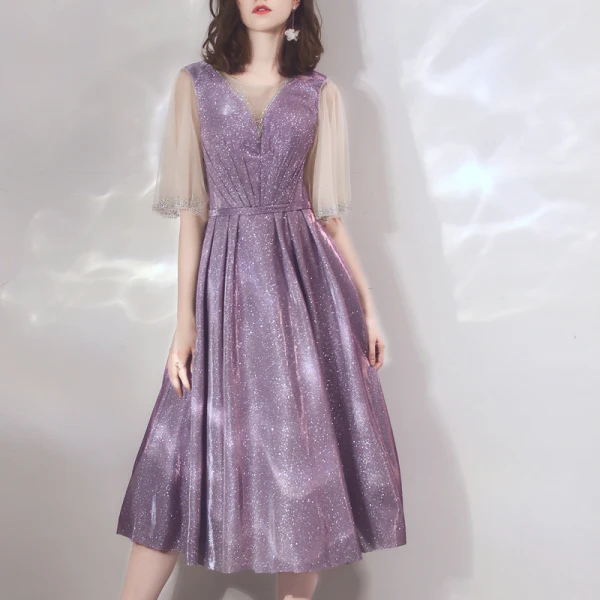 Bling Bling Lavande de retour Robe De Graduation 2019 Princesse Encolure Dégagée Manches de cloche Faux Diamant Glitter Polyester Thé Longueur Volants Dos Nu Robe De Ceremonie