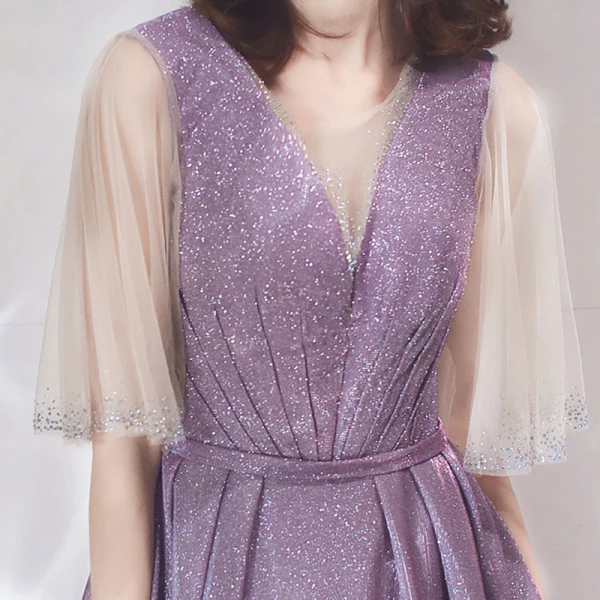 Bling Bling Lavande de retour Robe De Graduation 2019 Princesse Encolure Dégagée Manches de cloche Faux Diamant Glitter Polyester Thé Longueur Volants Dos Nu Robe De Ceremonie