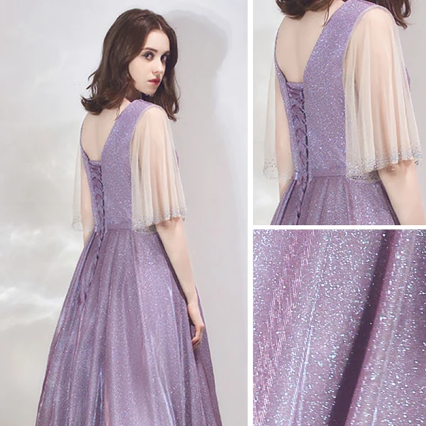 Bling Bling Lavande de retour Robe De Graduation 2019 Princesse Encolure Dégagée Manches de cloche Faux Diamant Glitter Polyester Thé Longueur Volants Dos Nu Robe De Ceremonie