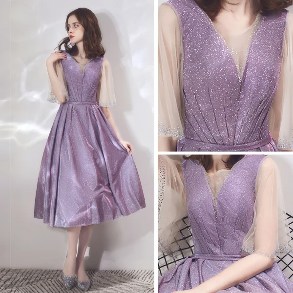 Bling Bling Lavender Homecoming Graduation Dresses 2019 A-Line / Princess Scoop Neck Bell sleeves Rhinestone Glitter Polyester Tea-length Ruffle
