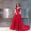 Modest / Simple Burgundy Evening Dresses  2019 A-Line / Princess Off-The-Shoulder Short Sleeve Glitter Tulle Court Train Ruffle Backless Formal Dresses