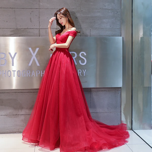Modest / Simple Burgundy Evening Dresses  2019 A-Line / Princess Off-The-Shoulder Short Sleeve Glitter Tulle Court Train Ruffle Backless Formal Dresses