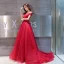 Modest / Simple Burgundy Evening Dresses  2019 A-Line / Princess Off-The-Shoulder Short Sleeve Glitter Tulle Court Train Ruffle Backless Formal Dresses