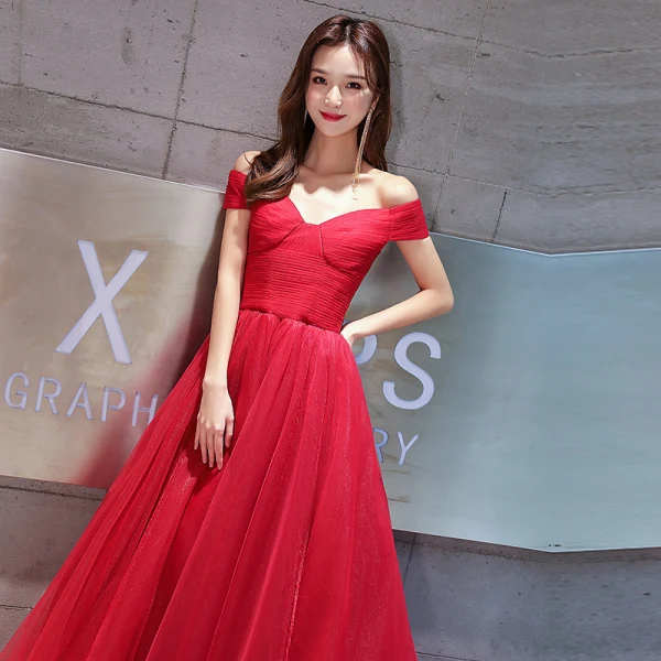 Modest / Simple Burgundy Evening Dresses  2019 A-Line / Princess Off-The-Shoulder Short Sleeve Glitter Tulle Court Train Ruffle Backless Formal Dresses