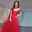 Modest / Simple Burgundy Evening Dresses  2019 A-Line / Princess Off-The-Shoulder Short Sleeve Glitter Tulle Court Train Ruffle Backless Formal Dresses