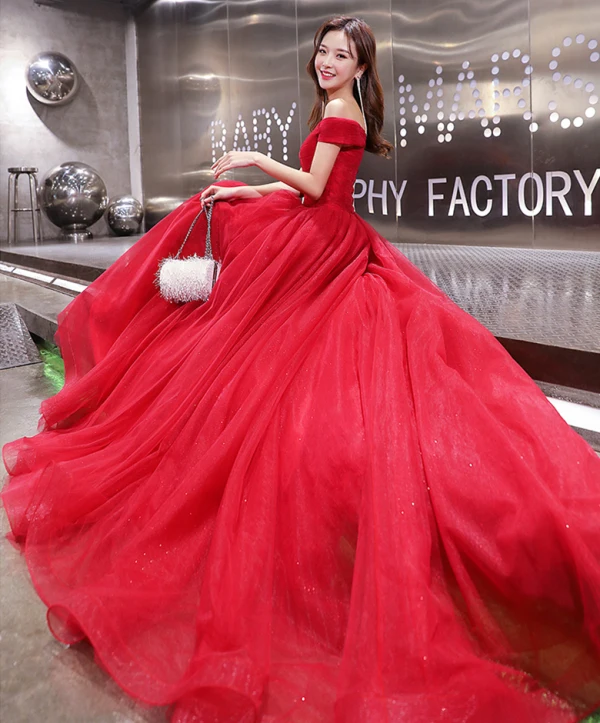 Modest / Simple Burgundy Evening Dresses  2019 A-Line / Princess Off-The-Shoulder Short Sleeve Glitter Tulle Court Train Ruffle Backless Formal Dresses