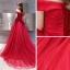 Modest / Simple Burgundy Evening Dresses  2019 A-Line / Princess Off-The-Shoulder Short Sleeve Glitter Tulle Court Train Ruffle Backless Formal Dresses