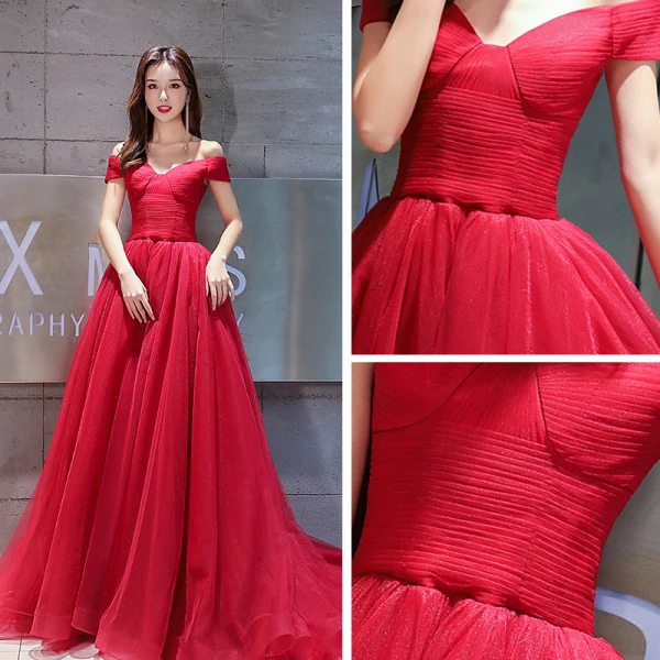 Modest / Simple Burgundy Evening Dresses  2019 A-Line / Princess Off-The-Shoulder Short Sleeve Glitter Tulle Court Train Ruffle Backless Formal Dresses