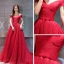 Modest / Simple Burgundy Evening Dresses  2019 A-Line / Princess Off-The-Shoulder Short Sleeve Glitter Tulle Court Train Ruffle Backless Formal Dresses