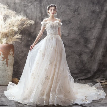 Elegant Champagne Wedding Dresses 2019 A Line Princess Off The Shoulder Short Sleeve Backless Beading Pearl Appliques Lace Flower Court Train Ruffle