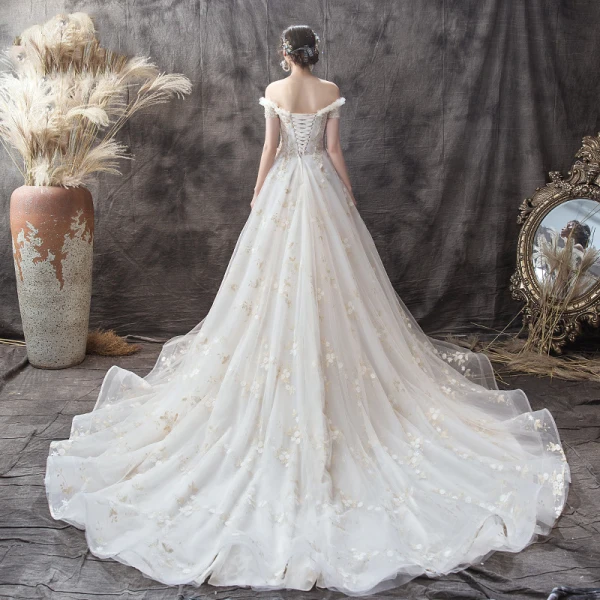 Elegant Champagne Wedding Dresses 2019 A-Line / Princess Off-The-Shoulder Short Sleeve Backless Beading Pearl Appliques Lace Flower Court Train Ruffle