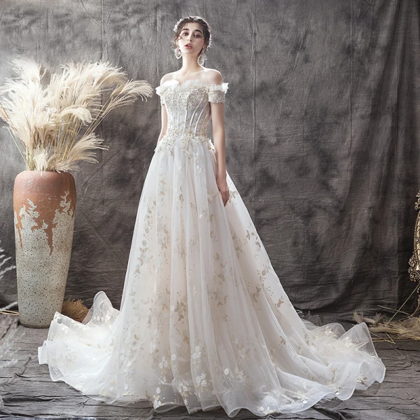 Elegant Champagne Wedding Dresses 2019 A-Line / Princess Off-The-Shoulder Short Sleeve Backless Beading Pearl Appliques Lace Flower Court Train Ruffle