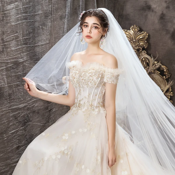 Elegant Champagne Wedding Dresses 2019 A-Line / Princess Off-The-Shoulder Short Sleeve Backless Beading Pearl Appliques Lace Flower Court Train Ruffle