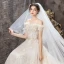 Elegant Champagne Wedding Dresses 2019 A-Line / Princess Off-The-Shoulder Short Sleeve Backless Beading Pearl Appliques Lace Flower Court Train Ruffle