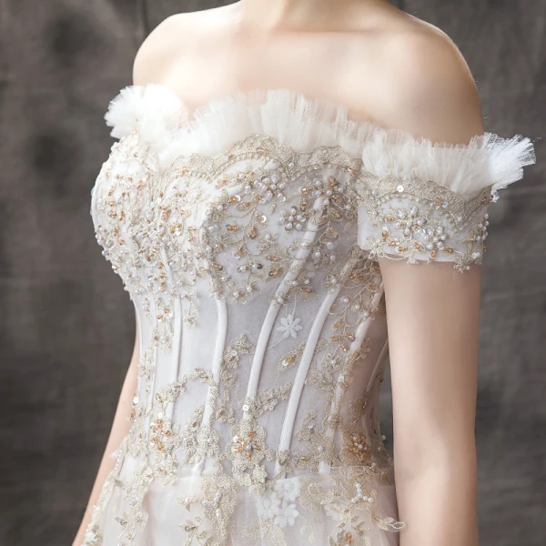 Elegant Champagne Wedding Dresses 2019 A-Line / Princess Off-The-Shoulder Short Sleeve Backless Beading Pearl Appliques Lace Flower Court Train Ruffle