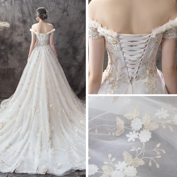 Elegant Champagne Wedding Dresses 2019 A-Line / Princess Off-The-Shoulder Short Sleeve Backless Beading Pearl Appliques Lace Flower Court Train Ruffle